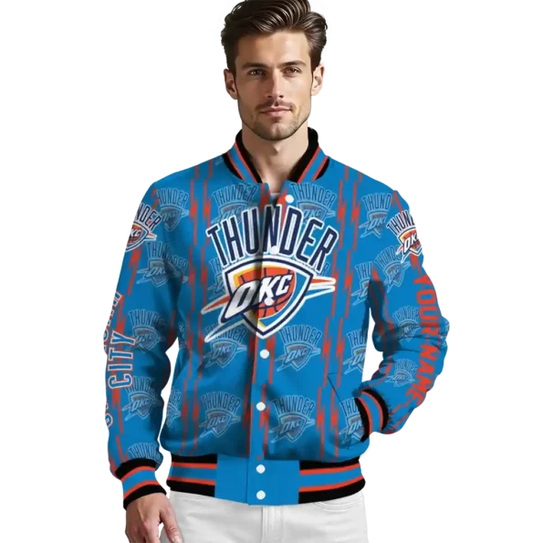 personalized oklahoma city thunder bolt stripe blue varsity jacket high quality.webp