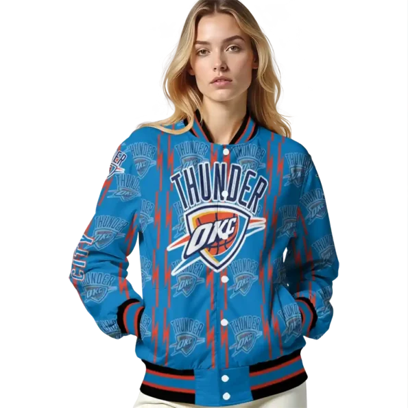 personalized oklahoma city thunder bolt stripe blue varsity jacket latest model.webp
