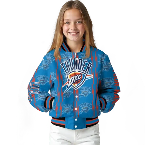 personalized oklahoma city thunder bolt stripe blue varsity jacket top rated.webp