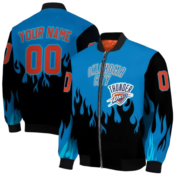 personalized oklahoma city thunder flame border blue black bomber jacket fashion forward