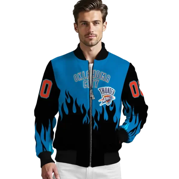 personalized oklahoma city thunder flame border blue black bomber jacket high quality