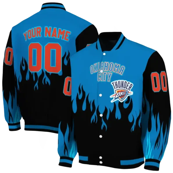 personalized oklahoma city thunder flame border blue black varsity jacket fashion forward.webp