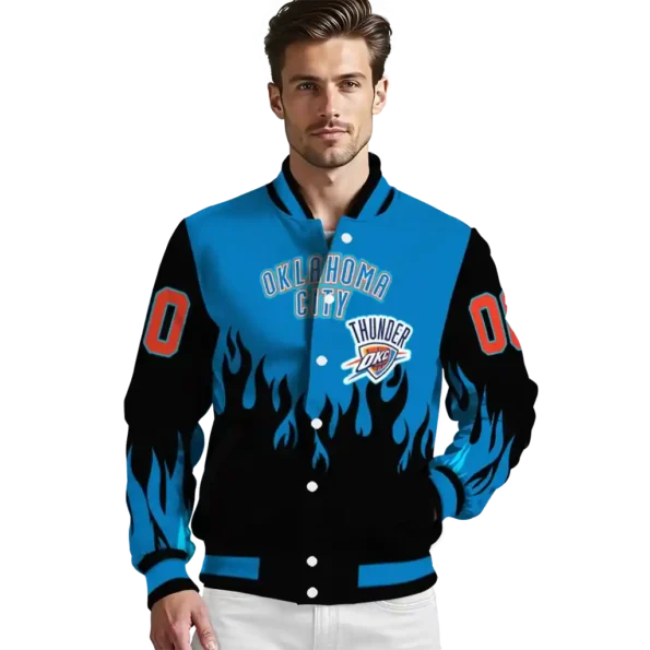 personalized oklahoma city thunder flame border blue black varsity jacket high quality.webp