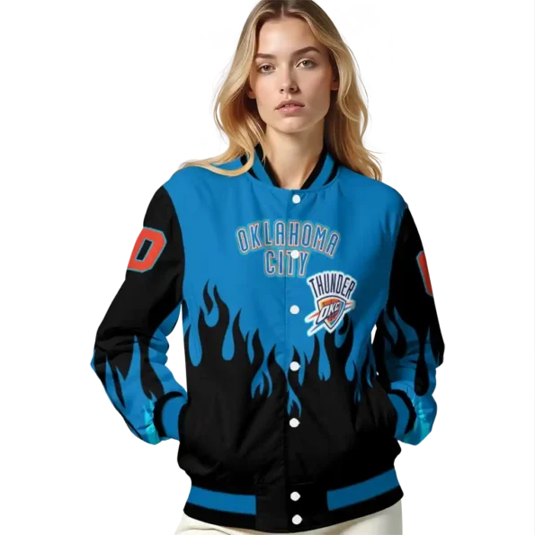 personalized oklahoma city thunder flame border blue black varsity jacket latest model.webp
