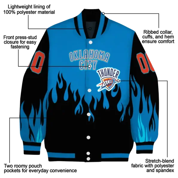 personalized oklahoma city thunder flame border blue black varsity jacket new arrival.webp
