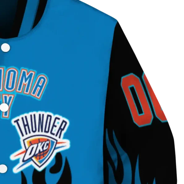 personalized oklahoma city thunder flame border blue black varsity jacket premium grade.webp