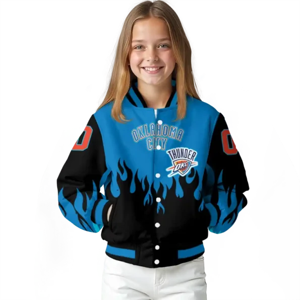 personalized oklahoma city thunder flame border blue black varsity jacket top rated.webp