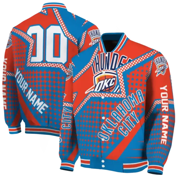 personalized oklahoma city thunder star burst blue varsity jacket fashion forward.webp