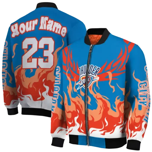 personalized oklahoma city thunder winged blaze blue white bomber jacket fashion forward