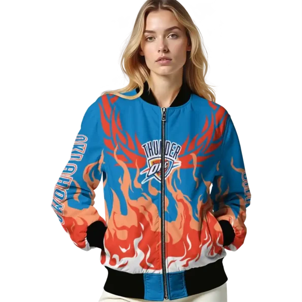 personalized oklahoma city thunder winged blaze blue white bomber jacket latest model