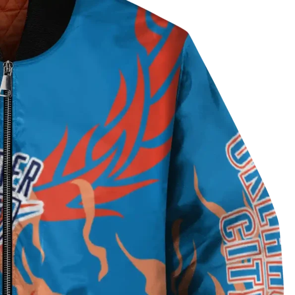 personalized oklahoma city thunder winged blaze blue white bomber jacket premium grade