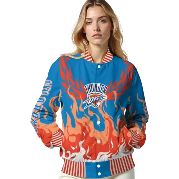 personalized oklahoma city thunder winged blaze blue white varsity jacket latest model.webp