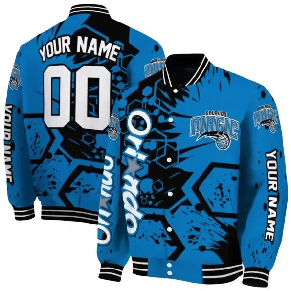 personalized orlando magic hexagon cluster blue black varsity jacket fashion forward.webp
