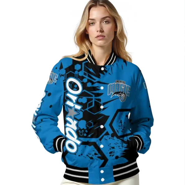 personalized orlando magic hexagon cluster blue black varsity jacket latest model.webp