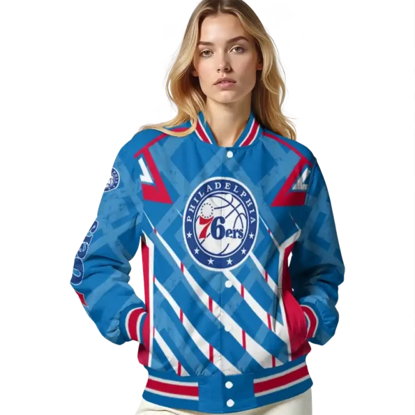 personalized philadelphia 76ers chevron angles blue varsity jacket latest model.webp