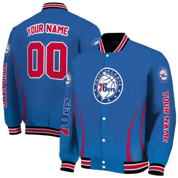 personalized philadelphia 76ers chevron arrow blue varsity jacket fashion forward.webp