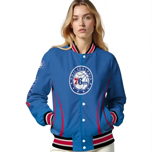 personalized philadelphia 76ers chevron arrow blue varsity jacket latest model.webp
