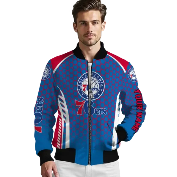 personalized philadelphia 76ers hexagon grid blue bomber jacket high quality