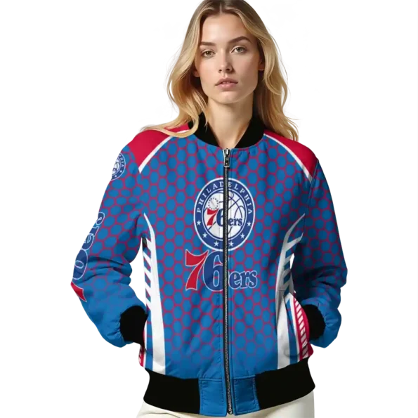 personalized philadelphia 76ers hexagon grid blue bomber jacket latest model