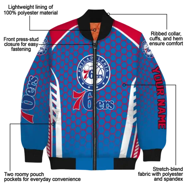 personalized philadelphia 76ers hexagon grid blue bomber jacket new arrival
