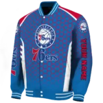 personalized philadelphia 76ers hexagon grid blue varsity jacket best selling.webp