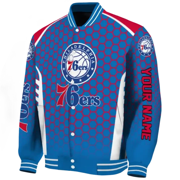 personalized philadelphia 76ers hexagon grid blue varsity jacket best selling.webp