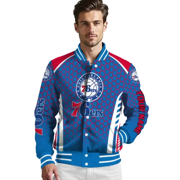 personalized philadelphia 76ers hexagon grid blue varsity jacket high quality.webp