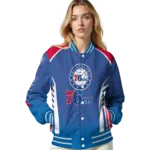 personalized philadelphia 76ers hexagon grid blue varsity jacket best selling.webp