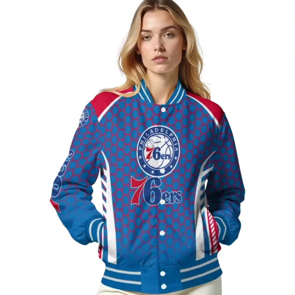 personalized philadelphia 76ers hexagon grid blue varsity jacket latest model.webp