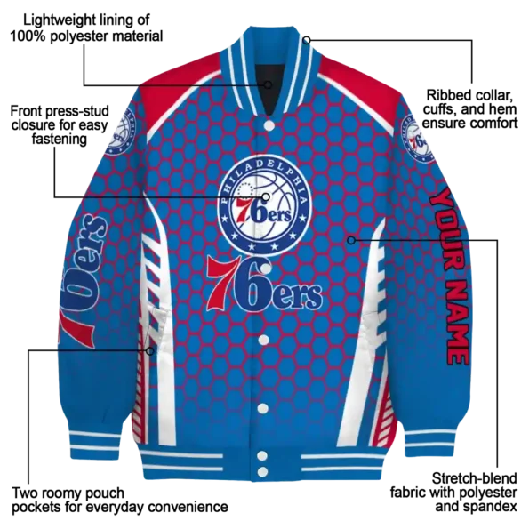 personalized philadelphia 76ers hexagon grid blue varsity jacket new arrival.webp