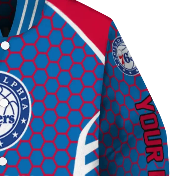 personalized philadelphia 76ers hexagon grid blue varsity jacket premium grade.webp