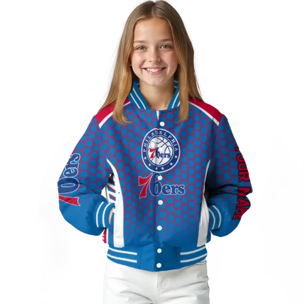 personalized philadelphia 76ers hexagon grid blue varsity jacket top rated.webp