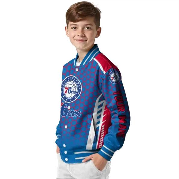 personalized philadelphia 76ers hexagon grid blue varsity jacket trendy.webp
