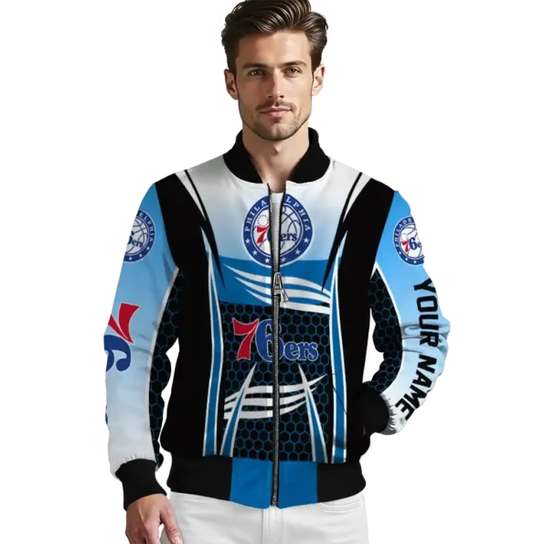 personalized philadelphia 76ers mesh effect blue black bomber jacket high quality