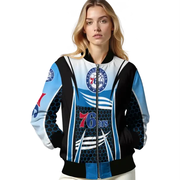 personalized philadelphia 76ers mesh effect blue black bomber jacket latest model