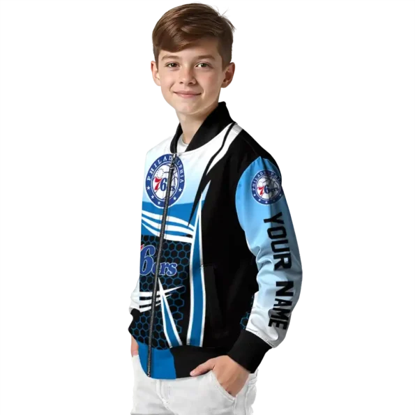 personalized philadelphia 76ers mesh effect blue black bomber jacket trendy