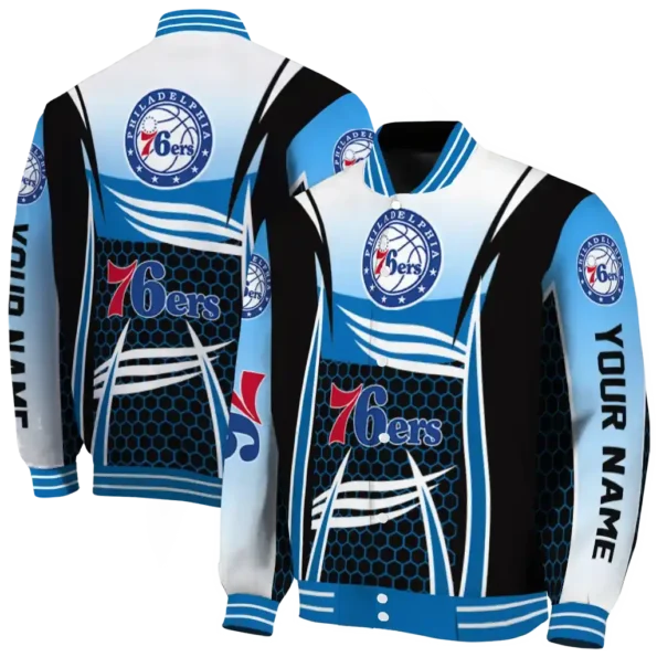 personalized philadelphia 76ers mesh effect blue black varsity jacket fashion forward.webp