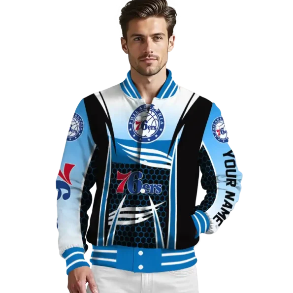 personalized philadelphia 76ers mesh effect blue black varsity jacket high quality.webp