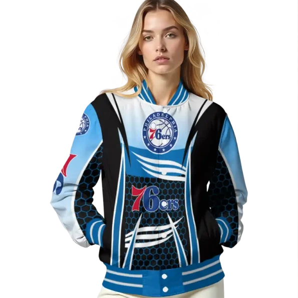 personalized philadelphia 76ers mesh effect blue black varsity jacket latest model.webp