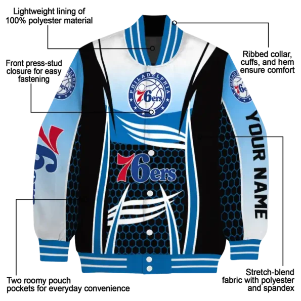 personalized philadelphia 76ers mesh effect blue black varsity jacket new arrival.webp