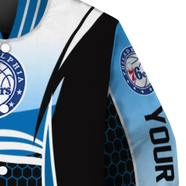 personalized philadelphia 76ers mesh effect blue black varsity jacket premium grade.webp