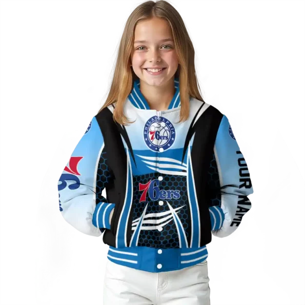 personalized philadelphia 76ers mesh effect blue black varsity jacket top rated.webp