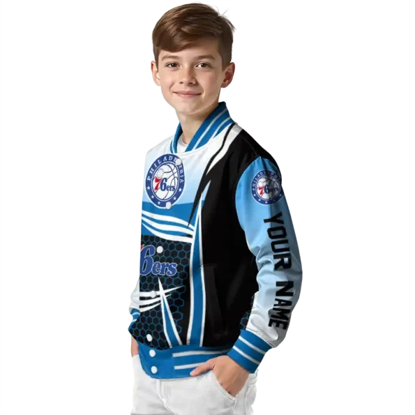 personalized philadelphia 76ers mesh effect blue black varsity jacket trendy.webp