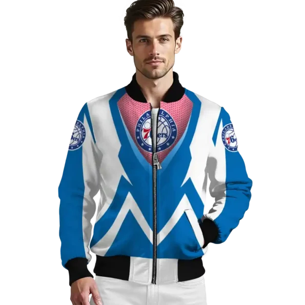 personalized philadelphia 76ers v stripes blue white bomber jacket high quality