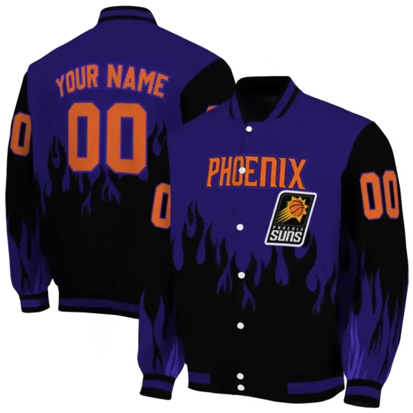 personalized phoenix suns flame border purple black varsity jacket fashion forward.webp