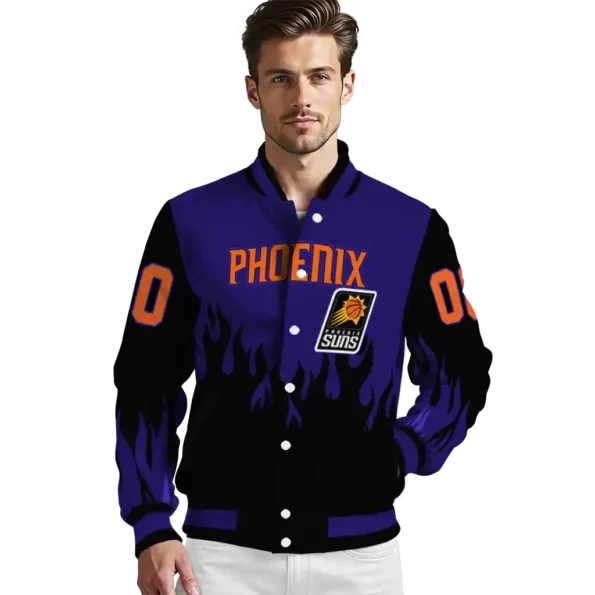 personalized phoenix suns flame border purple black varsity jacket high quality.webp
