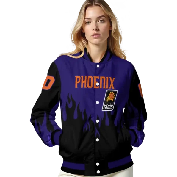 personalized phoenix suns flame border purple black varsity jacket latest model.webp