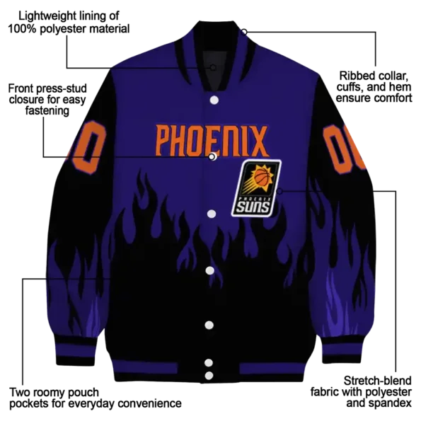 personalized phoenix suns flame border purple black varsity jacket new arrival.webp