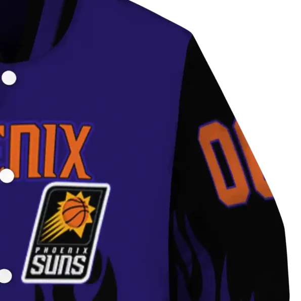 personalized phoenix suns flame border purple black varsity jacket premium grade.webp