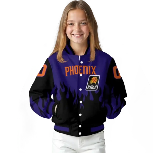 personalized phoenix suns flame border purple black varsity jacket top rated.webp